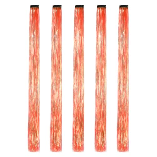 22 Zoll bunte Lametta-Haarverlängerungen, Lametta-Synthetik-Clip-in-Haar, Haarschmuck for Frauen, Mädchen, Party, Festival, 5 Stück(Orange) von GOHAPY