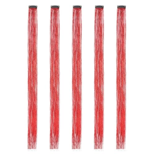22 Zoll bunte Lametta-Haarverlängerungen, Lametta-Synthetik-Clip-in-Haar, Haarschmuck for Frauen, Mädchen, Party, Festival, 5 Stück(Red) von GOHAPY