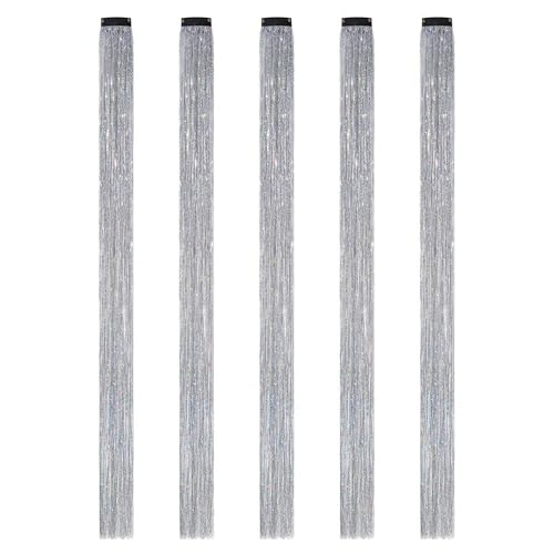 22 Zoll bunte Lametta-Haarverlängerungen, Lametta-Synthetik-Clip-in-Haar, Haarschmuck for Frauen, Mädchen, Party, Festival, 5 Stück(Silver) von GOHAPY