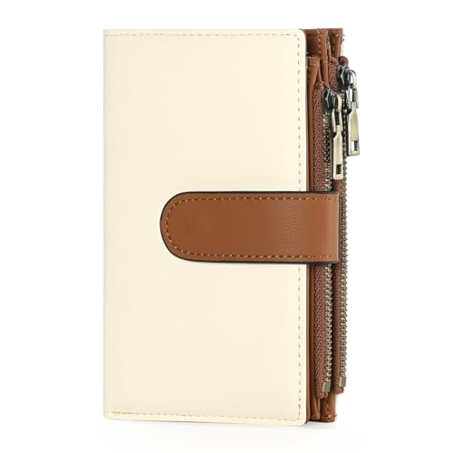 GOIACII Damen-Geldbörse, RFID-Kreditkartenetui mit 2 Reißverschlussfächern, 3 Ausweisfenstern, Damen-Geldbörse, Leder, B01 Weißbraun, Minimalistisch von GOIACII