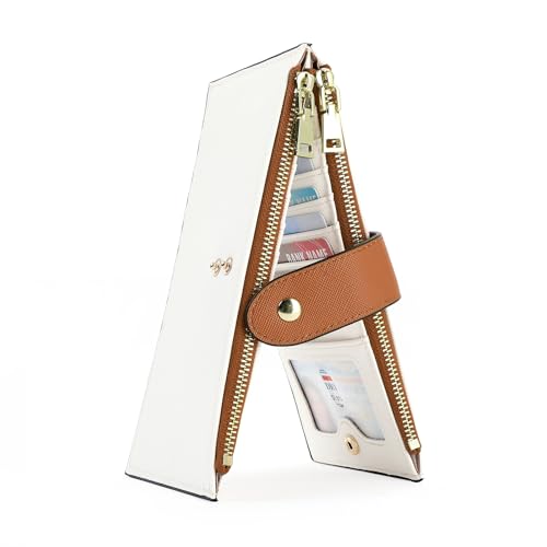 GOIACII Damen-Geldbörse, RFID-blockierend, Kreditkartenetui mit 2 Reißverschlussfächern, A08 Weiß Braun, Classic von GOIACII