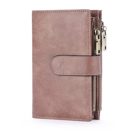 GOIACII Damen-Geldbörse, großes Fassungsvermögen, Kreditkartenetui, RFID-Geldbörse, Doppelreißverschluss, Leder, doppelt gefaltet, Damen-Clutch-Geldbörse, D03-Dusty Pink, Minimalistisch von GOIACII