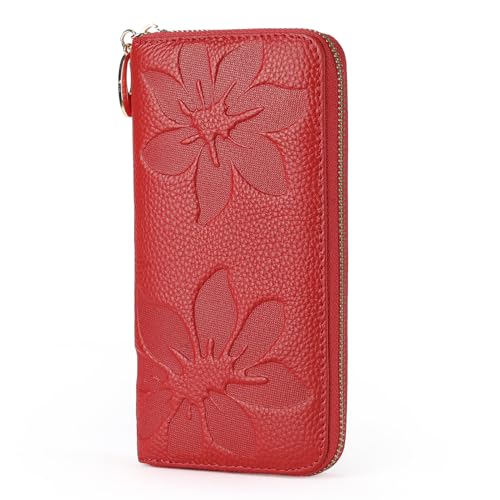 GOIACII Damen Geldbörse Damen Handy Clutch Große Kapazität Lange Geldbörse Bifold Kreditkartenhalter Anti-Entmagnetisierung Geprägtes Blumenmuster, Rot/Ausflug, einfarbig (Getaway Solids), Classic von GOIACII