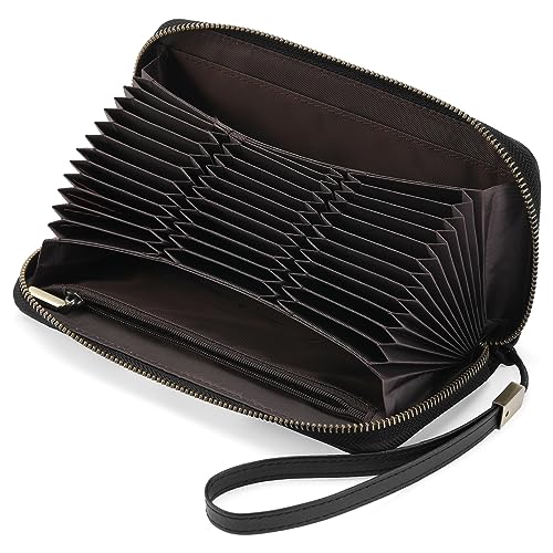 GOIACII Damen Geldbörse Große Kapazität mit 36 Kreditkartenfächern RFID Blocking Wristlet Clutch Phone Wallet Lange Geldbörse, Schwarz, Large, Minimalistisch von GOIACII