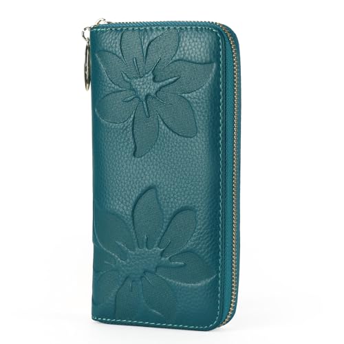 GOIACII Damen Geldbörse RFID Blockierung Damen Telefon Clutch Große Kapazität Lange Geldbörse Bifold Kreditkartenhalter Geprägtes Blumenmuster, Pfauenblau, Classic von GOIACII