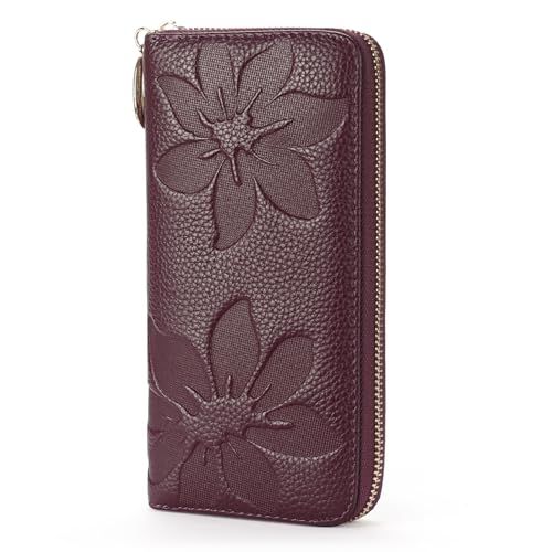 GOIACII Damen Geldbörse RFID Blockierung Damen Telefon Clutch Große Kapazität Lange Geldbörse Bifold Kreditkartenhalter Geprägtes Blumenmuster, Violett, Classic von GOIACII