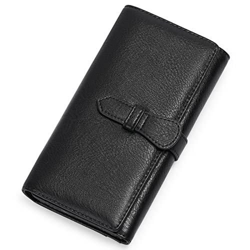 GOIACII Damen Geldbörse RFID Blocking Trifold Lange Clutch Geldbörse Damen Geldbörsen Veganes Leder Kartenhalter mit Reißverschluss Münzfach, B04-schwarz, Minimalistisch von GOIACII