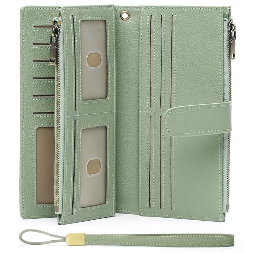 GOIACII Damen Geldbörsen Große Kapazität Kreditkartenhalter Rfid Brieftasche Frauen Doppel Reißverschluss Tasche Leder Bifold Damen Wristlet Clutch Geldbörse, B01-Grüne Litschi von GOIACII