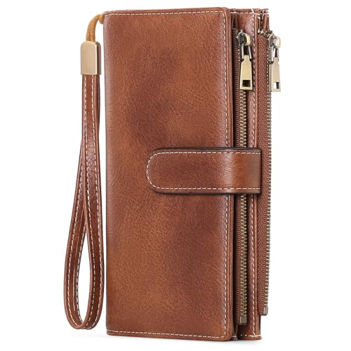 GOIACII Damen Geldbörsen Große Kapazität Kreditkartenhalter Rfid Brieftasche Frauen Doppel Reißverschluss Tasche Leder Bifold Damen Wristlet Clutch Geldbörse, B01-braun, Large, Vintage von GOIACII