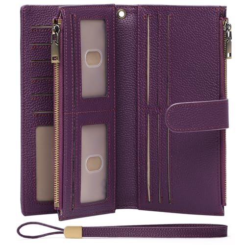 GOIACII Damen Geldbörsen Große Kapazität Kreditkartenhalter Rfid Brieftasche Frauen Doppel Reißverschluss Tasche Leder Bifold Damen Wristlet Clutch Geldbörse, B02-Litschi, Violett von GOIACII