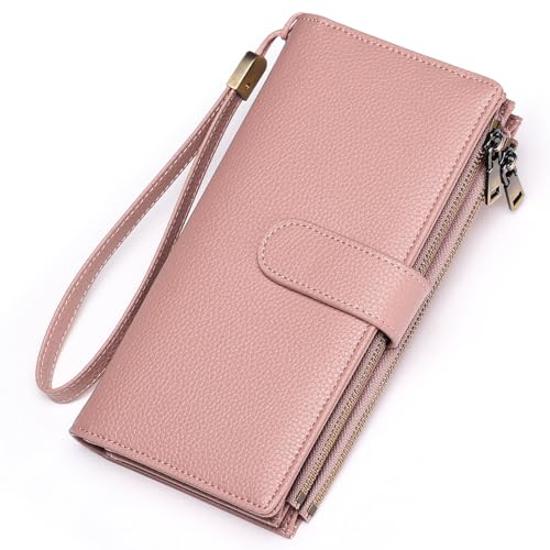 GOIACII Damen-Geldbörse, großes Fassungsvermögen, Kreditkartenetui, RFID-Geldbörse, Doppelreißverschluss, Leder, doppelt gefaltet, Damen-Clutch-Geldbörse, B03-Pink Lychee von GOIACII