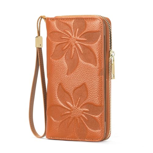 GOIACII Geldbörse Damen Groß, RFID Blocking Portemonnaie Frauen Gross Leder Geldbeutel im Langformat Geprägte Blumen Brieftasche mit Handyfach und Reißverschluss von GOIACII
