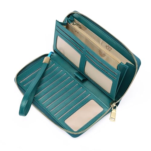 GOIACII Geldbörse Damen Groß RFID Schutz Leder Portemonnaie für Damen Große Kapazität Brieftasche mit Abnehmbare Handschlaufe von GOIACII