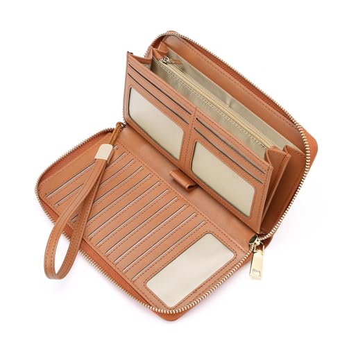 GOIACII Geldbörse Damen Groß RFID Schutz Leder Portemonnaie für Damen Große Kapazität Brieftasche mit Abnehmbare Handschlaufe von GOIACII