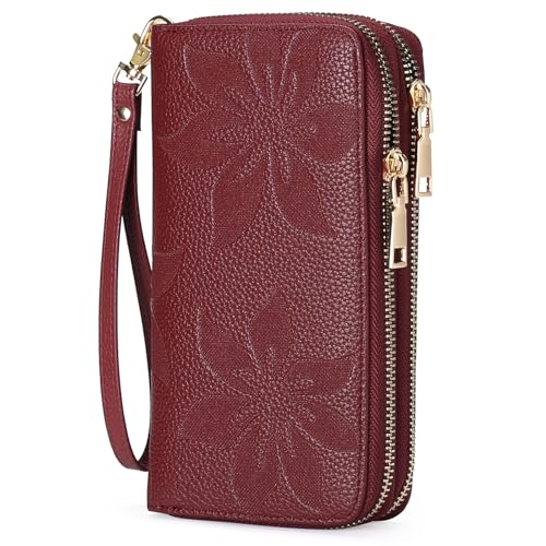 GOIACII Geldbörse Damen Große Portemonnaie RFID Doppelreißverschluss Geldbörsen für Frauen Leder Brieftaschen mit Handschlaufe von GOIACII