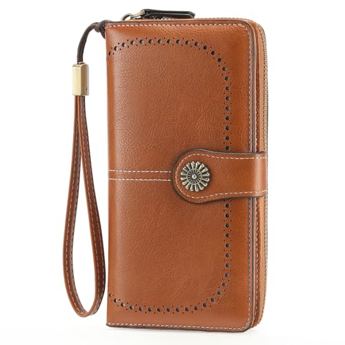 GOIACII Geldbörse Damen RFID Schutz Groß Leder Portmonee Gross für Frauen, Lang Geldbeutel Große Kapazität Portemonnaie Damen mit 13 Kartenfächer und Abnehmbarer Handschlaufe von GOIACII