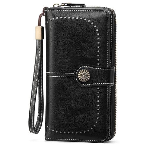 GOIACII Geldbörse Damen RFID Schutz Groß Leder Portmonee Gross für Frauen, Lang Geldbeutel Große Kapazität Portemonnaie Damen mit 13 Kartenfächer und Abnehmbarer Handschlaufe von GOIACII