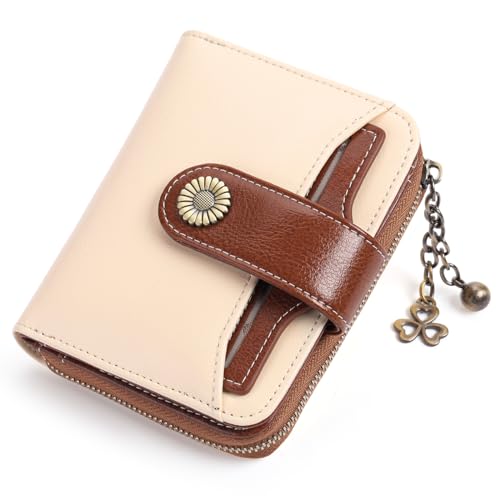 GOIACII Geldbörse für Damen, Leder, klein, RFID-blockierend, mit Reißverschluss, Kartenhalter mit Ausweisfenster, C02 Weiß Braun, Classic von GOIACII
