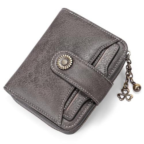 GOIACII Geldbörse für Damen, Leder, klein, RFID-blockierend, mit Reißverschluss, Kartenhalter mit Ausweisfenster, C05 Grau von GOIACII