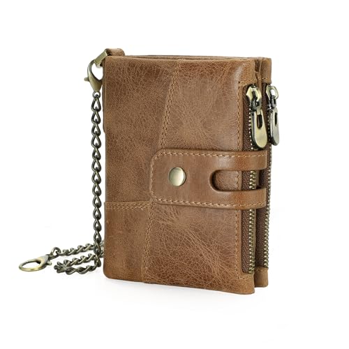 GOIACII Geldbörse für Herren, echtes Leder, RFID-blockierend, Kreditkartenfach, 3 Reißverschlussfächer, Braun von GOIACII