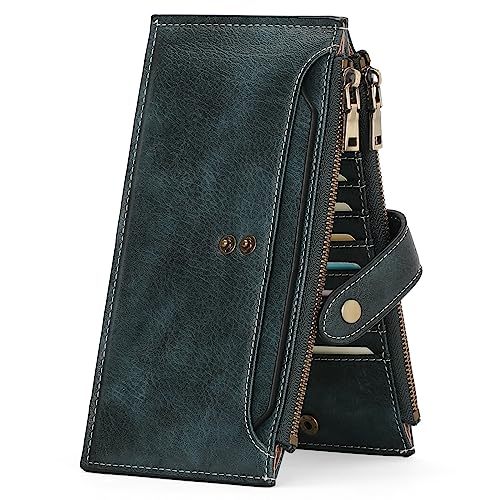 GOIACII RFID-Geldbörsen für Damen, Damen-Geldbörse aus echtem Leder mit Mehreren Kartenfächern, große und Lange Geldbörse mit Reißverschluss, Handtasche, Knopf-Clutch von GOIACII