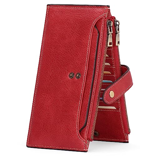 GOIACII RFID-Geldbörsen für Damen, Damen-Geldbörse aus echtem Leder mit Mehreren Kartenfächern, große und Lange Geldbörse mit Reißverschluss, Handtasche, Knopf-Clutch von GOIACII