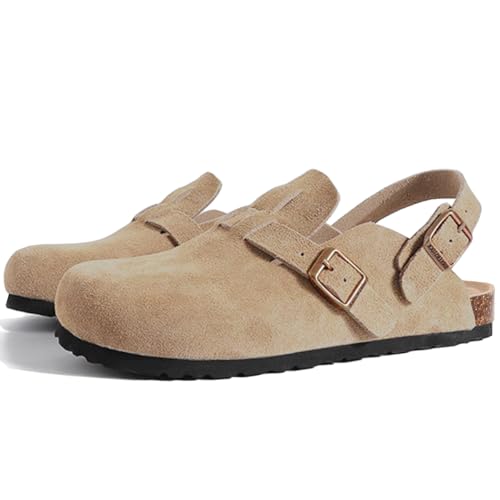 GOKAR Damen Wildleder Clogs Slingback Pantoletten für Frauen Clogs mit Riemen für Frauen Korkfußbett Sandalen, Lightkhaki, 10 Women/9 Men von GOKAR