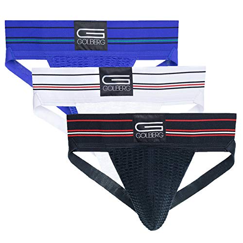 GOLBERG G G Herren Jockstrap Unterwäsche - 3er Pack (Schwarz, Blau und Weiß), Größe Large (38-42 Zoll) - Athletic Supporter von GOLBERG G