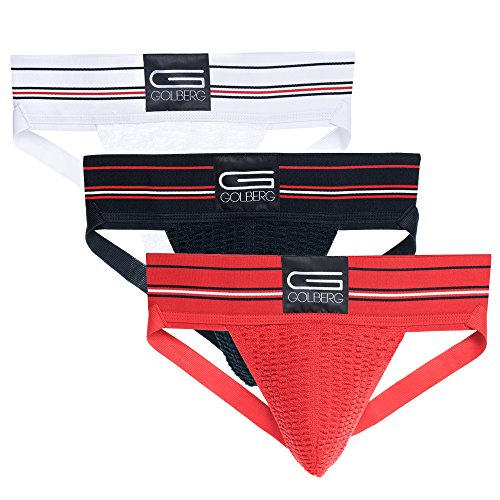 GOLBERG G Herren Athletic Supporters (3er-Pack) – Jock Strap Unterwäsche – extra stark elastisch, Rot Schwarz Weiß, Large von GOLBERG G