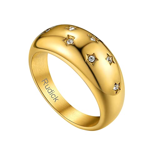 Benutzerdefinierter Edelstahl Kuppelring mit Strasssternen mit Namen Gravur 8.8mm breit Schlichter Polierter Siegelring Dünne Stapelbare Fingerringe für Damen Frauen Ringgröße 54.4（17.3） in Gold von GOLDCHIC JEWELRY