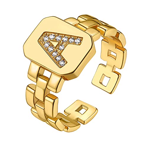 GOLDCHIC JEWELRY Damen Kupfer Buchstaben Ring mit Zirkonia Dekoriert Offener Verstellbarer Stapelbarer Initiale Alphabet A Buchstaben Namen Ring in Gold für Freund Paare Schwester Mutter von GOLDCHIC JEWELRY