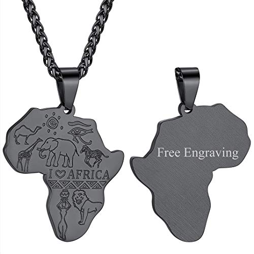 Edelstahl Damen Afrika Karte mit I LOVE AFRICA Gravur mit Eingravierten Namen Tier Afrika Kartenanhänger Profil Landkarte von Afrika Anhänger Biker Schmuck-Accessoires in Schwarz mit 56cm+5cm Kette von GOLDCHIC JEWELRY