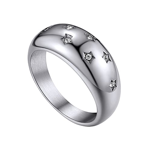 Einfacher Damen Kuppelring mit Strasssternen 8.8mm breit Edelstahl Schlichter Polierter Siegelring Dünne Stapelbare Ringe Schmal Eheringe Trauringe Memoire Ringe Ringgröße 54.4（17.3） in Silber von GOLDCHIC JEWELRY