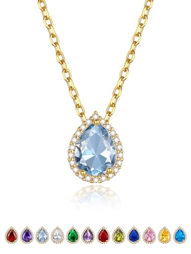 GOLDCHIC JEWELRY Damen Kette März Halskette Frauenkette 41CM Kupfer Rolokette Geburtsstein Aquamarin Choker Layering-Kette Schmuck Accessoire von GoldChic