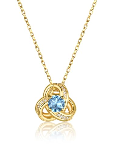 GoldChic Damen Kette Solitär März Halskette Anhänger Triquetra Keltische Knoten Frauenkette 41CM Kupfer Rolokette mit Stein Aquamarin Choker Layering-Kette Zirkonia Schmuck Accessoire von GoldChic