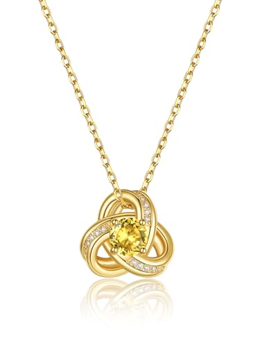 GoldChic Damen Kette Solitär November Halskette Anhänger Triquetra Keltische Knoten Frauenkette 41CM Kupfer Rolokette mit Stein Topas Choker Layering-Kette Zirkonia Schmuck Accessoire von GoldChic