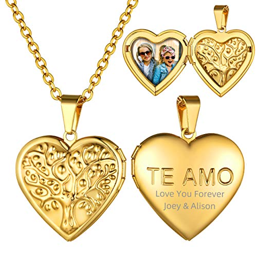 GoldChic Edelstahl Bilder Amulett Lebensbaum Bilder Medaillon aufklappbar Damen Halskette Amulett 18K Vergoldet Medaillon mit Fotogravur und Textgravur für Damen Frauen Freundin von GoldChic
