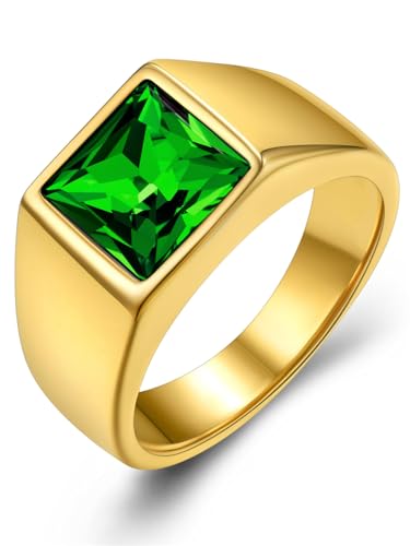 GoldChic Gold Ring Frauen Männer Edelstahlring Gravur Siegelring mit Geburtsstein 8MM breit Eheringe 57mm Solitärring Bandring Herren Schmuck Accessoires von GoldChic