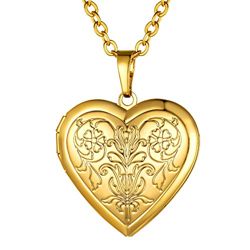 GOLDCHIC JEWELRY Herz Foto Medaillon aus Kupfer Blumenmuster Relief Halskette Amulett 18K Vergoldet Damen Kette mit Bild zum aufklappen für Frauen Freundin von GOLDCHIC JEWELRY