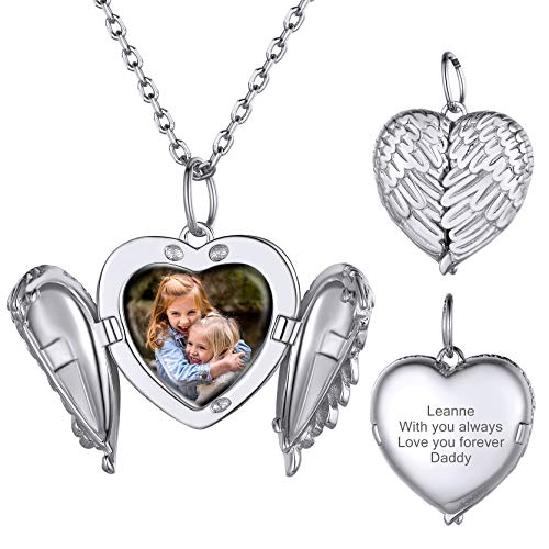 GoldChic Herz Medaillon Flügel S925 Silber Medaillon Aufklappbar Damen Medallion Anhänger Halskette mit Fotogravur und Textgravur Kette lang 45cm + 5cm Verlängerungskette von GoldChic