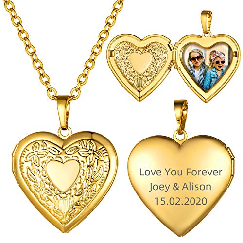 GOLDCHIC JEWELRY Herz Medaillon Kupfer Damen Halskette mit Bild zum aufklappen 18K Vergoldet Herzanhänger mit Eigener Fotogravur Halskette Kettenanhänger für Damen Mädchen von GoldChic