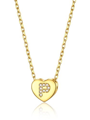 GOLDCHIC JEWELRY Herzkette Damen Kette P Mädchen Halskette mit Buchstaben Kupfer Rolokette 1,4MM breit Layering-Kette 41CM Choker Namenskette Gold Schmuck von GOLDCHIC JEWELRY