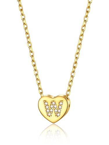 GOLDCHIC JEWELRY Herzkette Damen Kette W Mädchen Halskette mit Buchstaben Kupfer Rolokette 1,4MM breit Layering-Kette 41CM Choker Namenskette Gold Schmuck von GOLDCHIC JEWELRY
