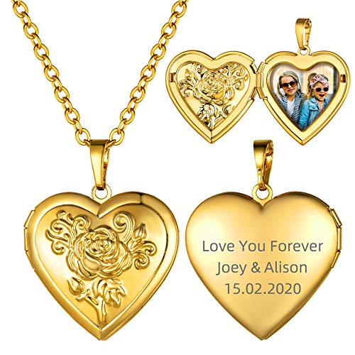 GOLDCHIC JEWELRY Kupfer Damen Halskette Amulett Herz Rosemuster Relief Bilder Amulett 18K Vergoldet Damen Halskette Amulett mit Fotogravur und Textgravur für Valentinstag Jahrestag von GOLDCHIC JEWELRY