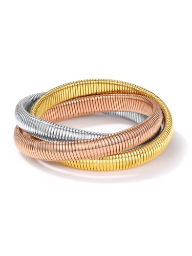 GoldChic Mehrreihiges Elastisches Armband Silber+Gold+Rosegold Verstellbare Stretch Armreif 10mm breit Edelstahl Damen Frauen Wickelarmbänder Dickes Schlangenarmband von GOLDCHIC JEWELRY