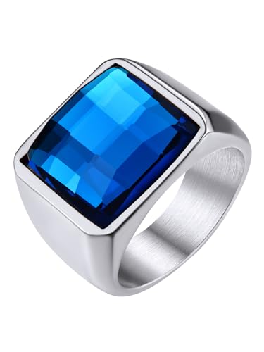 GoldChic 15mm breit Quadratischer Zirkon Ring mit Blauem Topas 316L Edelstahl Herren Zirkonia Fingerring Hochwertiger AAA+ Cubic Zirkon Bandring in Silber Ringgröße 64.6（20） von GOLDCHIC JEWELRY