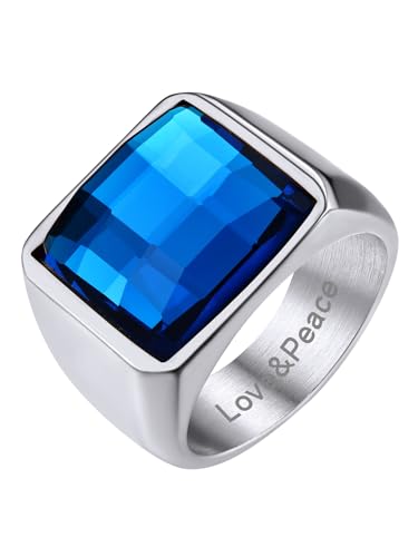 GoldChic 15mm breit Quadratischer Zirkon Ring mit Blauem Topas 316L Edelstahl Herren Zirkonia Fingerring mit Textgravur Hochwertiger AAA+ Cubic Zirkon Bandring in Silber Ringgröße 64.6（20） von GOLDCHIC JEWELRY