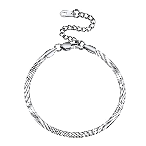 GoldChic 316L Edelstahl Damen Armlet Stapelbares Flaches Schlangenkette Armband in 3mm breit ohne Anhänger Dünnes Fischgerätenkette Armband Multi Layer geeignet in Silber mit 16cm+5cm Kette von GoldChic