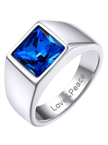 GoldChic 316L Edelstahl Herren Zirkon Ring mit 8mm breit Quadratischem Blautopas Anpassbarer Hip Hop Geburtsstein Ring mit Eigenem Namen Mode Zirkonia Fingerring in Silber Ringgröße 70（22.3） von GOLDCHIC JEWELRY