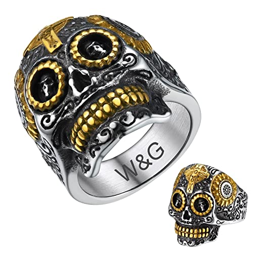 GoldChic 316L Edelstahl Totenkopf Ring mit Name/Wunsch/Text Gravur Punk Skull Bandring für Herren Männer Jungen Hip Hop Schädel Fingerring in Silber und Gold zweifarbig Ring Größe 56.5（18.1） von GOLDCHIC JEWELRY